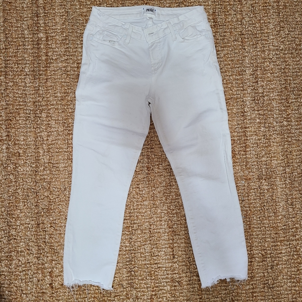 Paige 28, ankle-cropped white jeans, worn with no major flaws